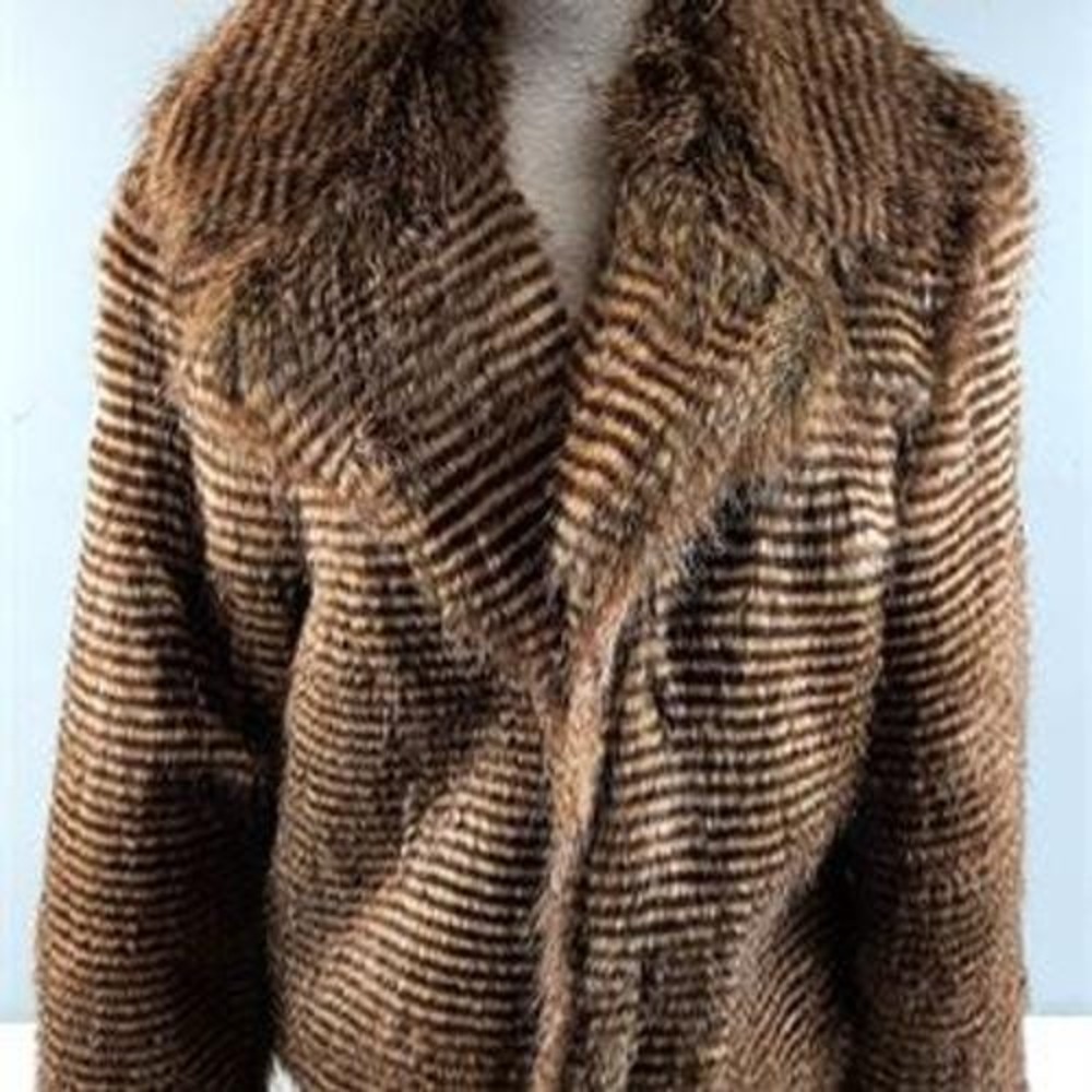 Wenxi Brown Striped Faux Fur Jacket Notched Lapel Winter Coat XL